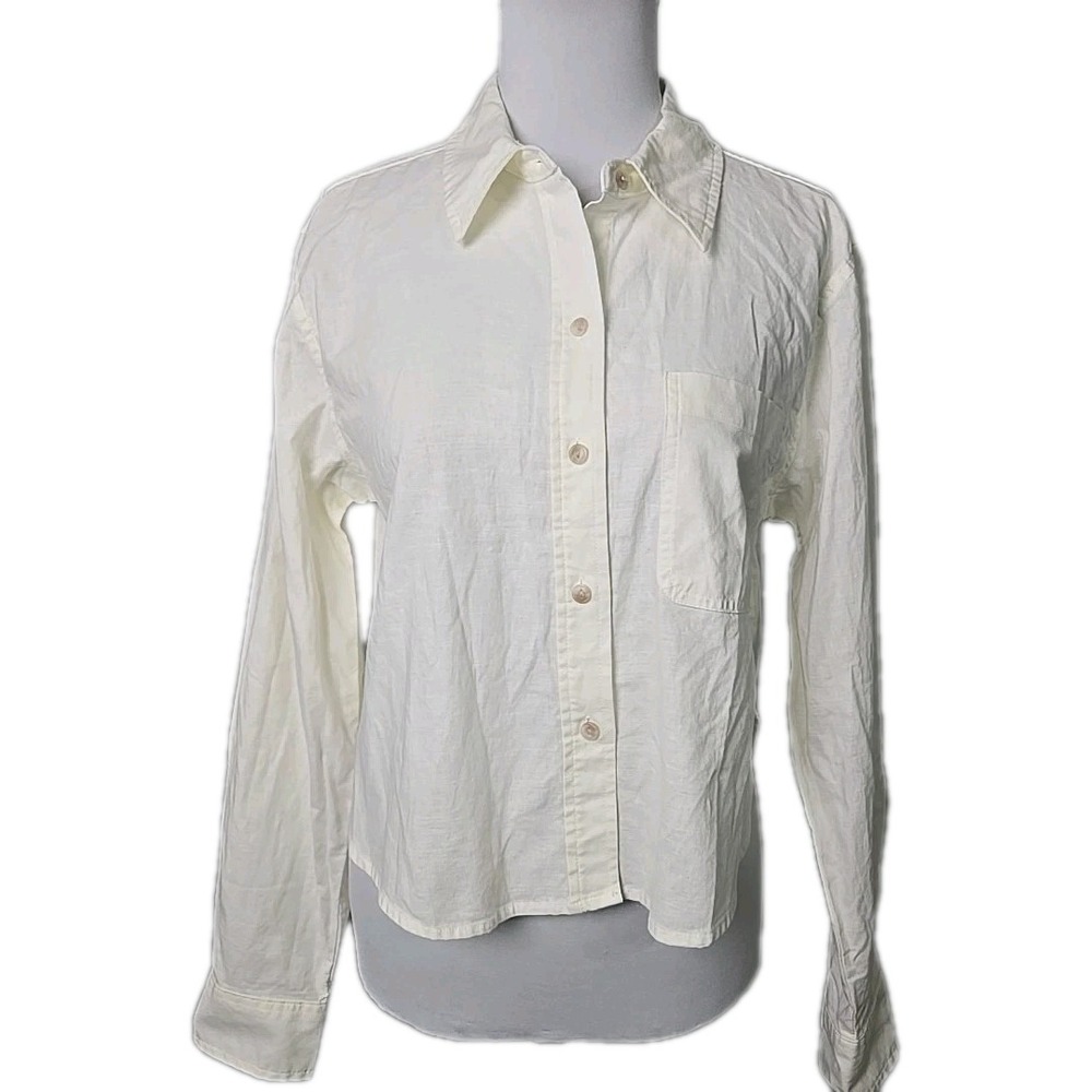 Universal Thread Ivory Cropped Fit Button Up Long SleeveTop Medium M LINEN BLEND